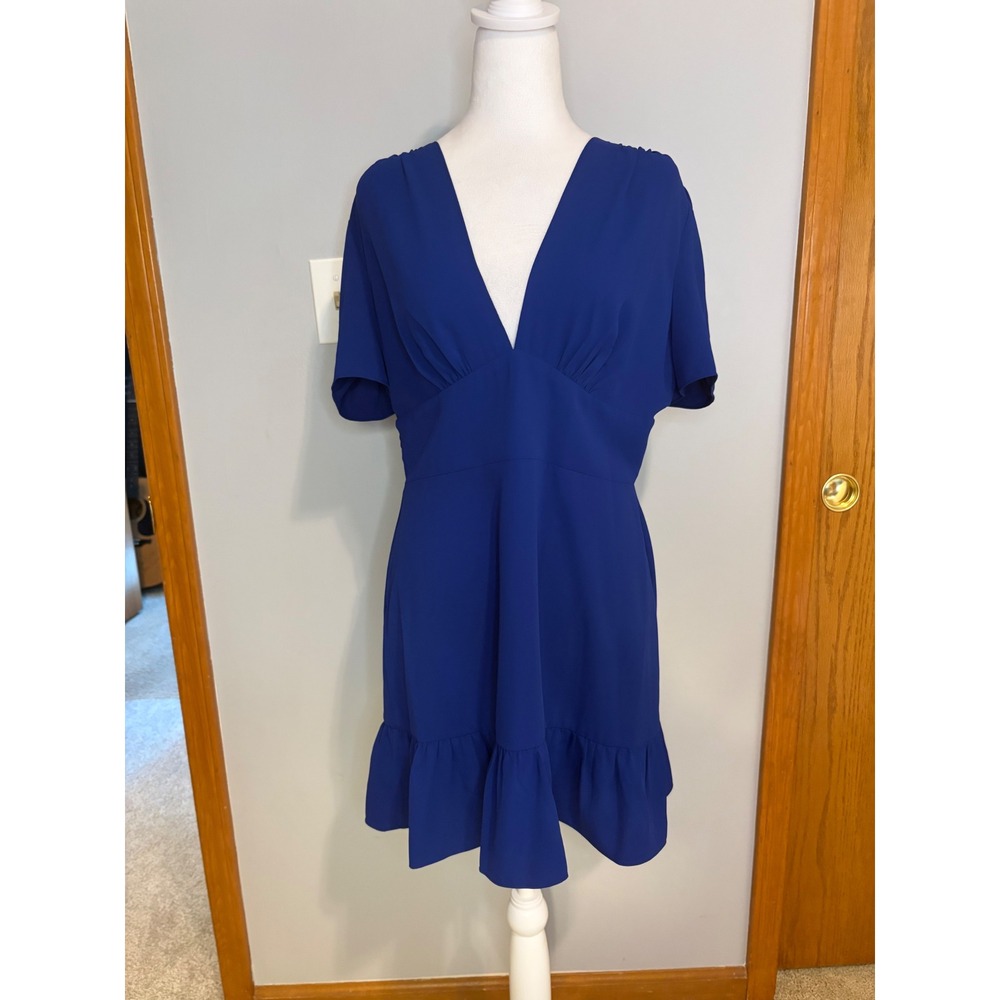 Amanda‎ Uprichard Boca Royal Blue V-Neck Ruffle Mini Dress Smocked Back Large